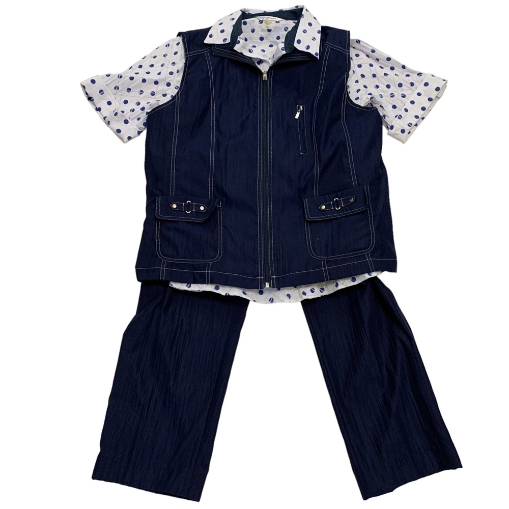 Allison Daley Navy 3 Piece Outfit Polka Dot Blouse & Pants Size 10 Vest Size 12
